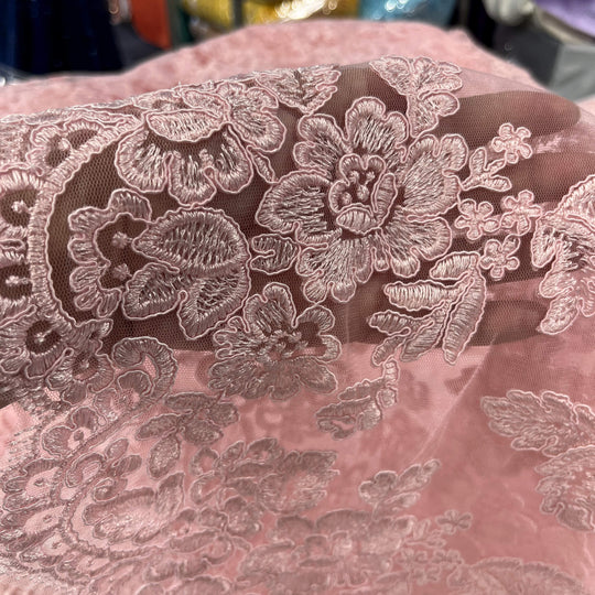 Corded Bridal Lace Fabric Embroidered on 100% Polyester Net Mesh | Lace USA - 95409W