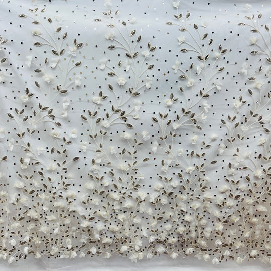 White floral lace fabric with embroidered white flowers, Champagne  color sequined leaves,