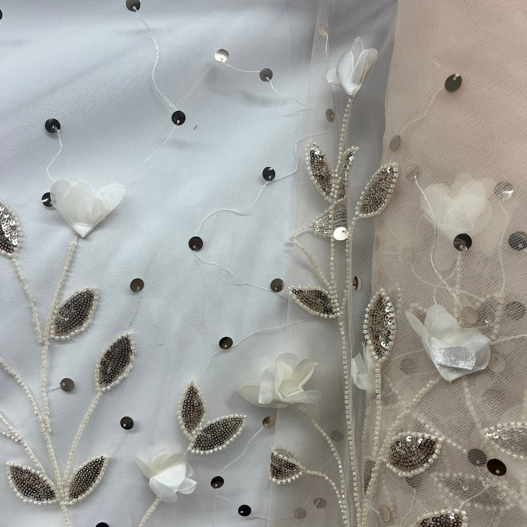 Beaded 3D Floral Lace Fabric Embroidered on 100% Polyester Net Mesh | Lace USA - GD-945