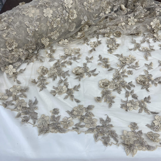 Section-view of Lace USA GD-1613 3D champagne floral lace with bead and rhinestone embellishments, featuring scalloped edging—ideal for gowns.
