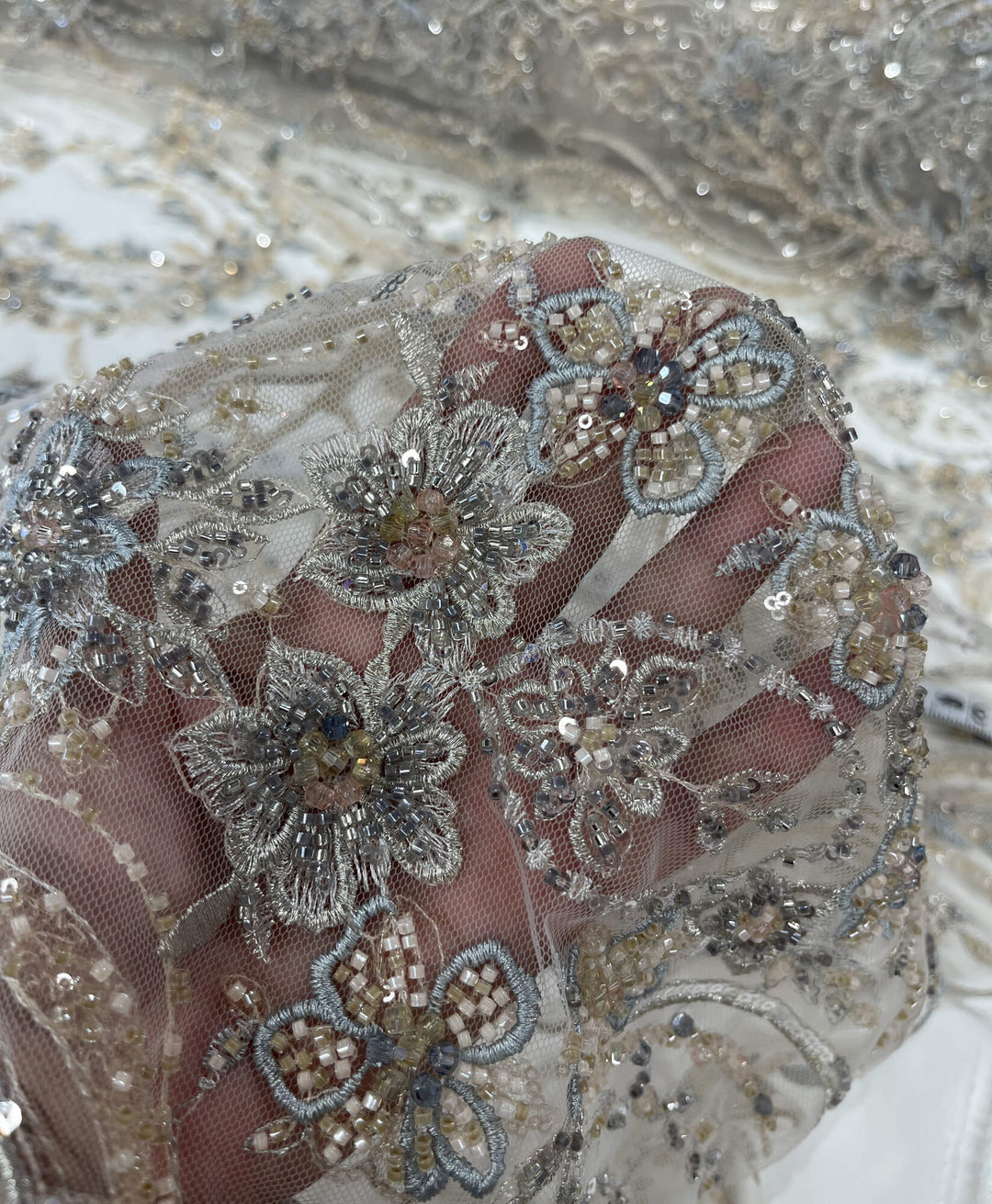 Beaded Lace Fabric Embroidered on 100% Polyester Net Mesh | Lace USA - GD-26227