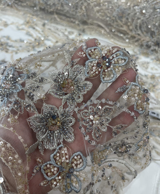Beaded Lace Fabric Embroidered on 100% Polyester Net Mesh | Lace USA - GD-26227