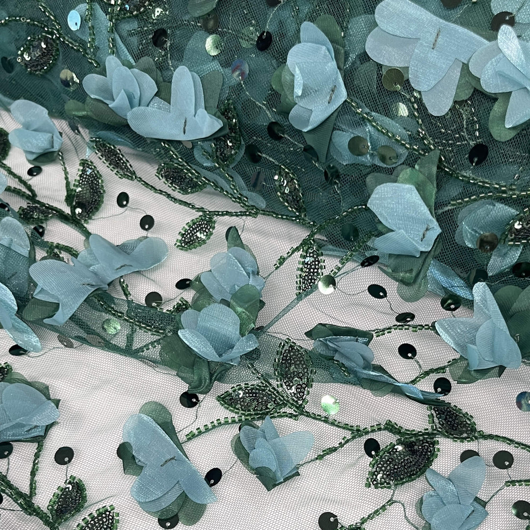 Beaded 3D Floral Lace Fabric Embroidered on 100% Polyester Net Mesh | Lace USA - GD-945
