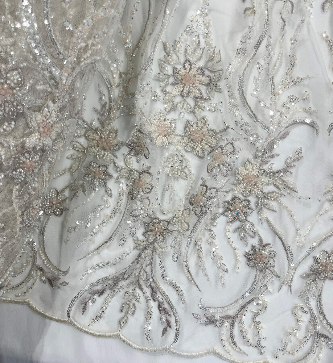 Beaded Lace Fabric Embroidered on 100% Polyester Net Mesh | Lace USA - GD-26227