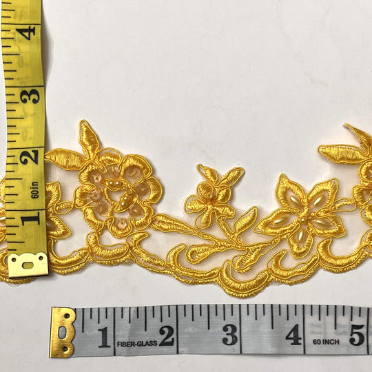 Beaded & Corded Lace Trimming Embroidered on 100% Polyester Net Mesh | Lace USA - 95942W-BP