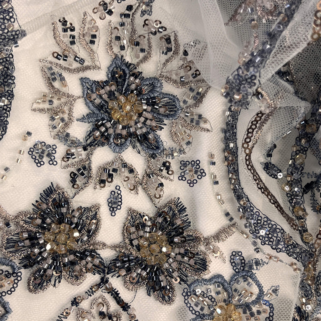 Beaded Lace Fabric Embroidered on 100% Polyester Net Mesh | Lace USA - GD-26227