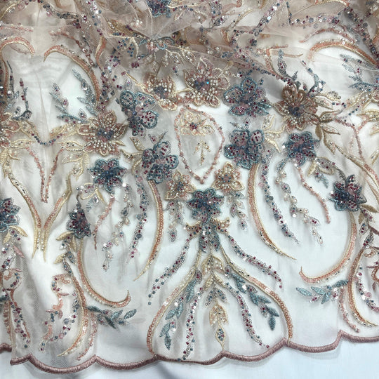 Beaded Lace Fabric Embroidered on 100% Polyester Net Mesh | Lace USA - GD-26227