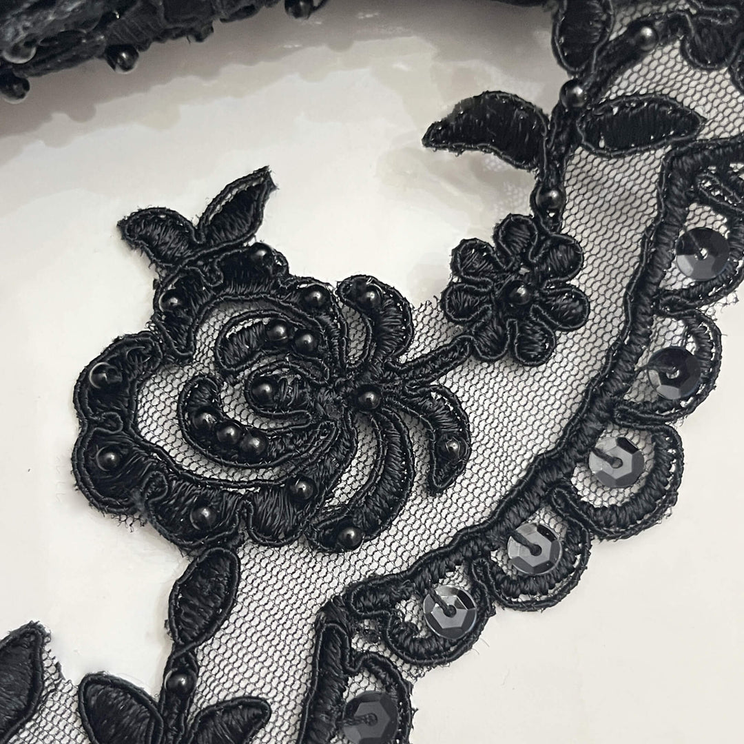 Beaded & Corded Lace Trimming Embroidered on 100% Polyester Net Mesh | Lace USA - 95941W/1-BP