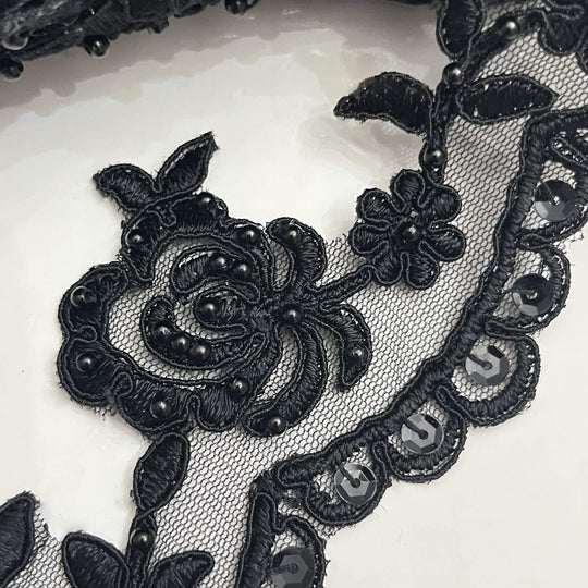 Beaded & Corded Lace Trimming Embroidered on 100% Polyester Net Mesh | Lace USA - 95941W/1-BP