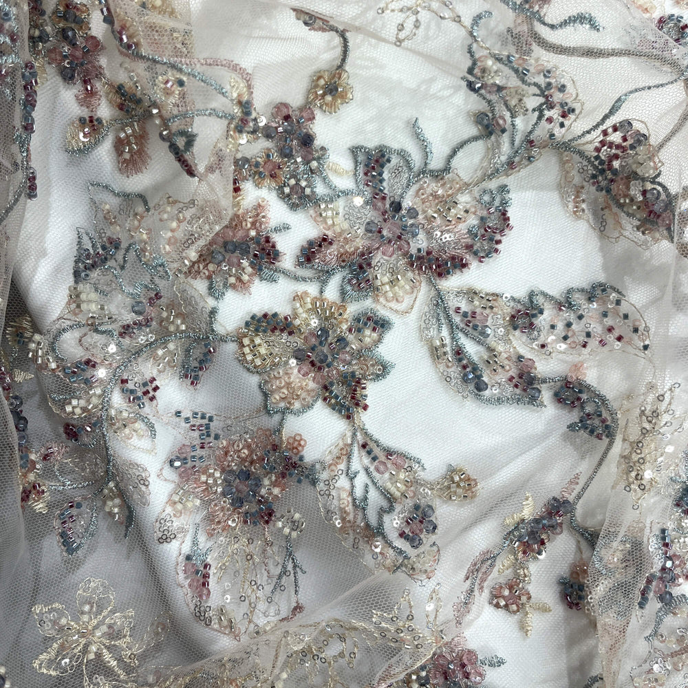 Beaded Lace Fabric Embroidered on 100% Polyester Net Mesh | Lace USA - GD-26229