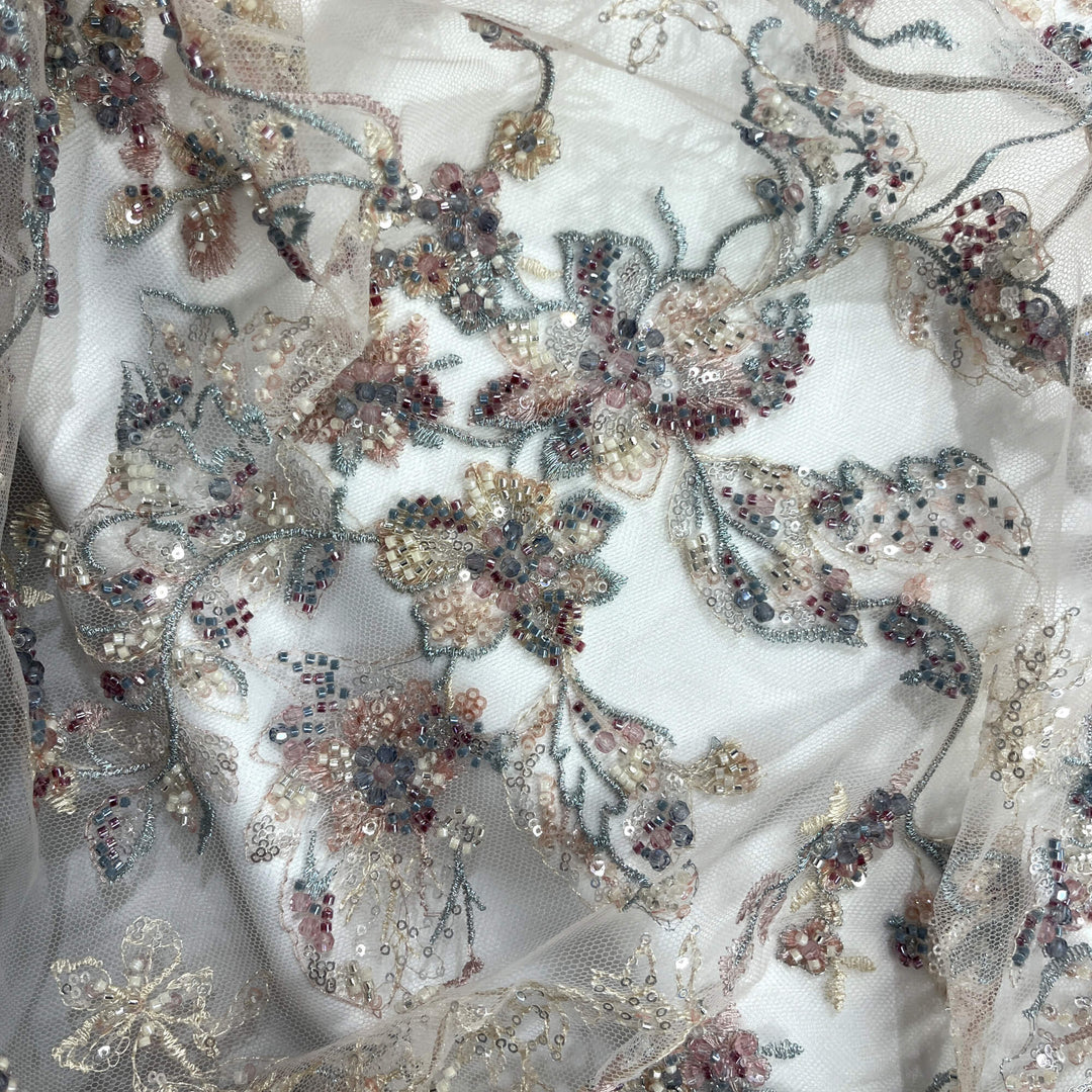 Beaded Lace Fabric Embroidered on 100% Polyester Net Mesh | Lace USA - GD-26229
