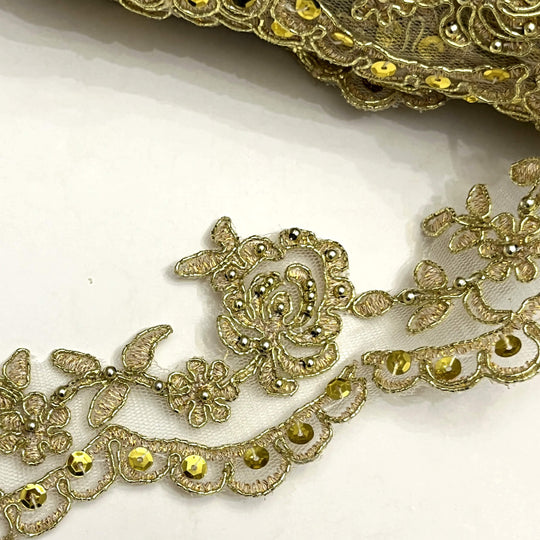 Beaded & Corded Lace Trimming Embroidered on 100% Polyester Net Mesh | Lace USA - 95941W/1-BP