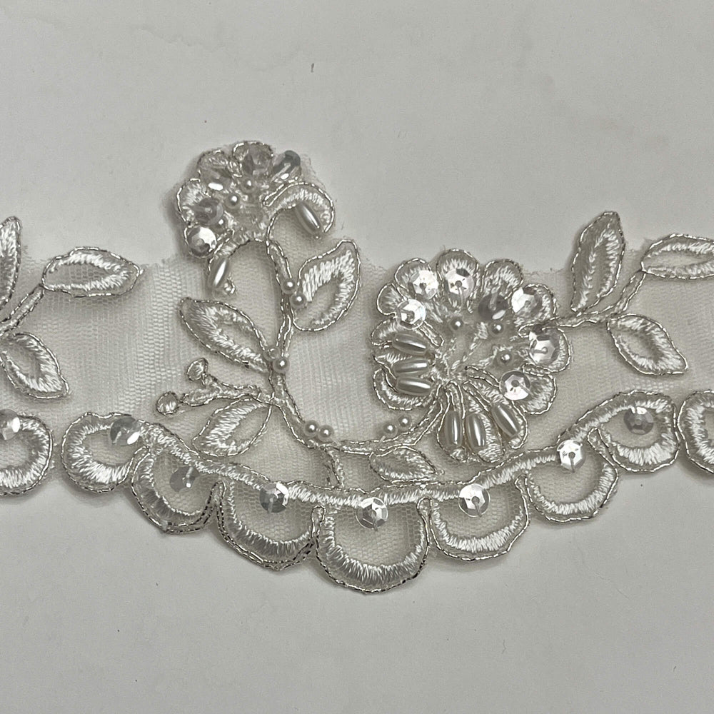Beaded & Corded Lace Trimming Embroidered on 100% Polyester Net Mesh | Lace USA - 95951W/1-BP