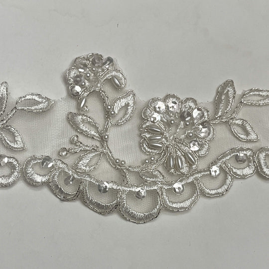 Beaded & Corded Lace Trimming Embroidered on 100% Polyester Net Mesh | Lace USA - 95951W/1-BP