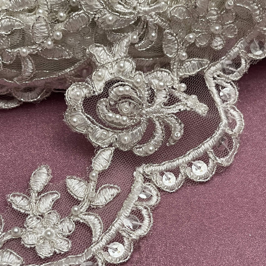 Beaded & Corded Lace Trimming Embroidered on 100% Polyester Net Mesh | Lace USA - 95941W/1-BP