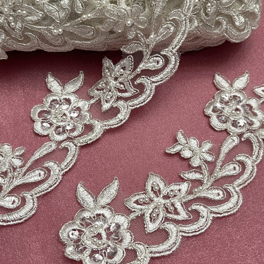 Beaded & Corded Lace Trimming Embroidered on 100% Polyester Net Mesh | Lace USA - 95942W-BP