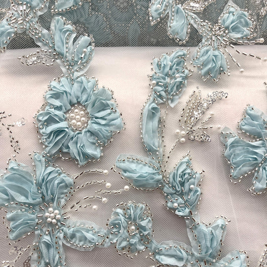 Beaded 3D Floral Lace Fabric Embroidered on 100% Polyester Net Mesh | Lace USA - GD-10143