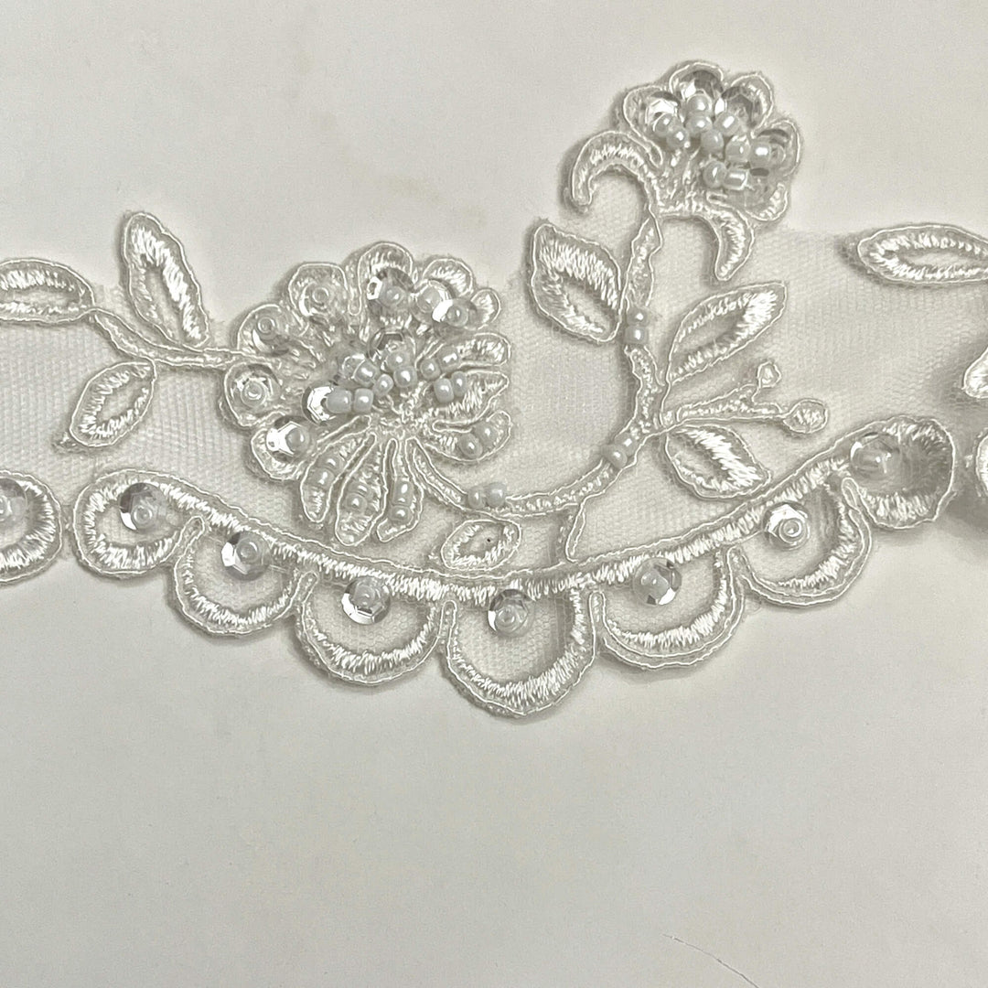 Beaded & Corded Lace Trimming Embroidered on 100% Polyester Net Mesh | Lace USA - 95951W/1-BP