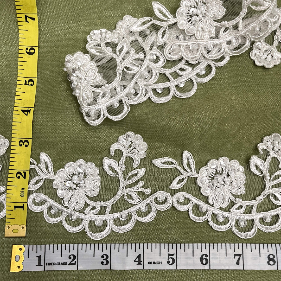 Beaded & Corded Lace Trimming Embroidered on 100% Polyester Net Mesh | Lace USA - 95951W/1-BP