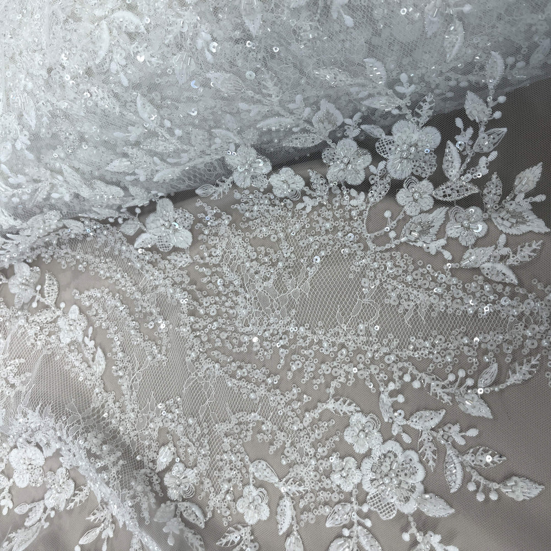 Beaded Lace Fabric Embroidered on 100% Polyester Net Mesh | Lace USA - GD-638
