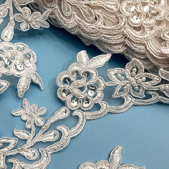 Beaded & Corded Lace Trimming Embroidered on 100% Polyester Net Mesh | Lace USA - 95942W-BP