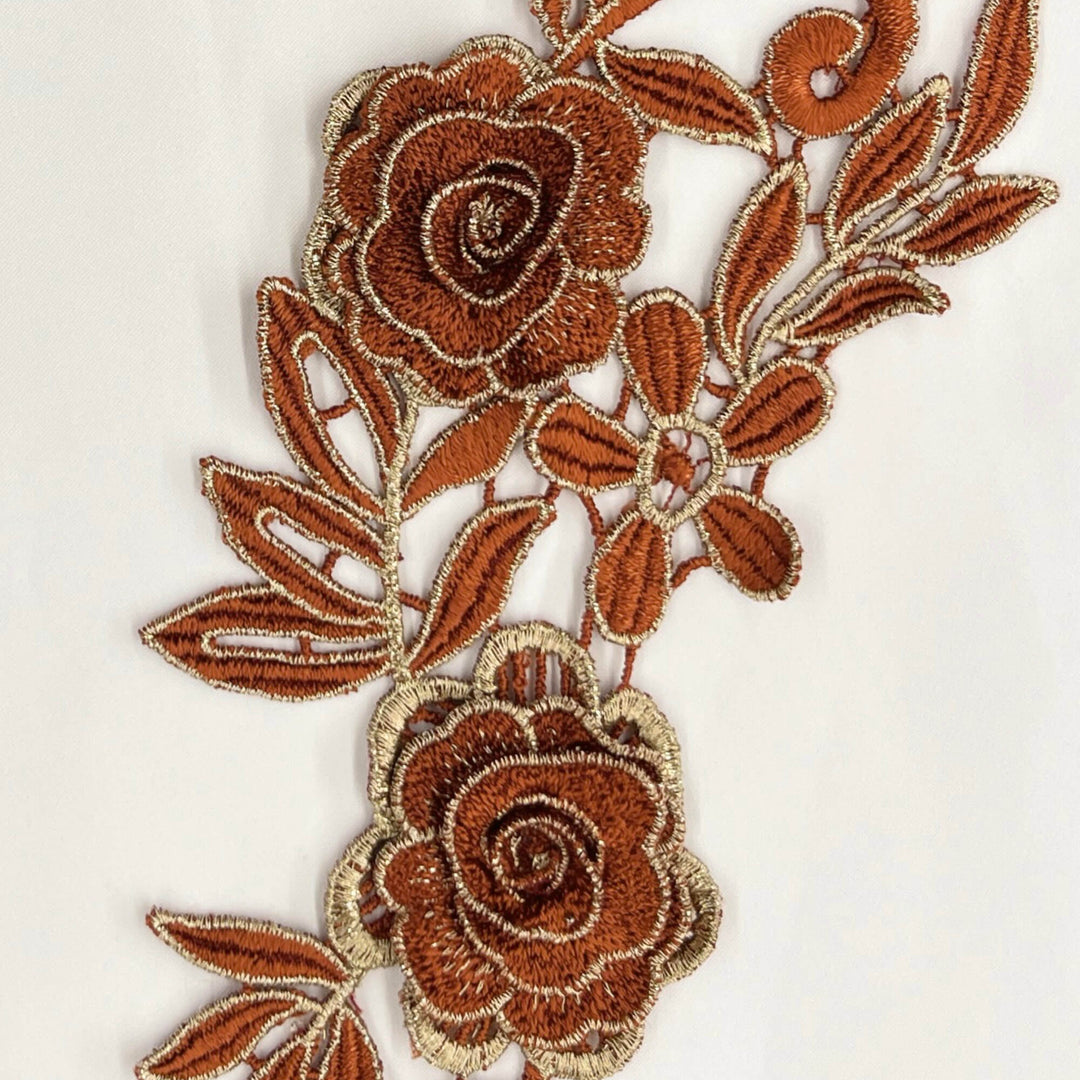 Closeup of redBrick Color  3D Floral Lace Applique Embelished with Gold threading| Lace USA - 55305