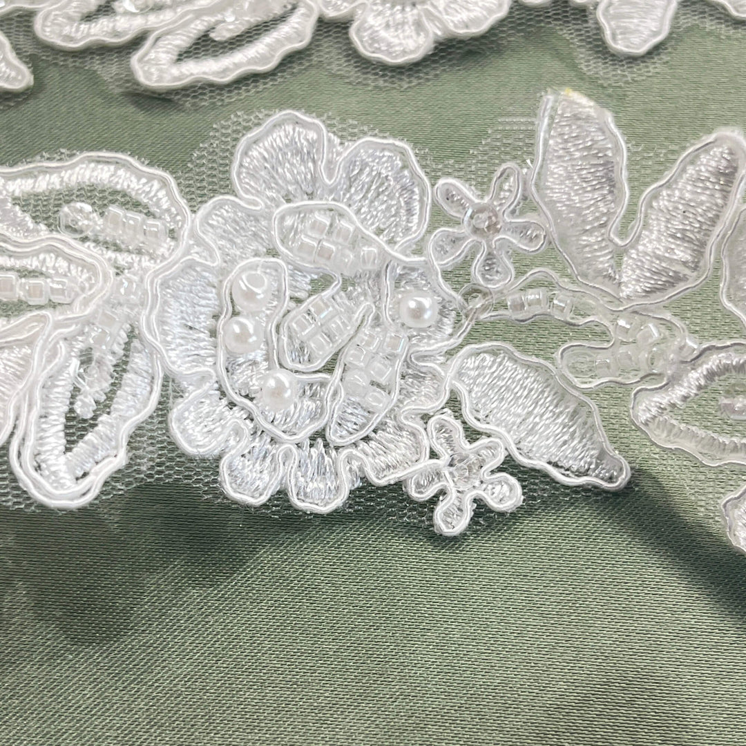 Beaded & Corded Lace Trimming Embroidered on 100% Polyester Organza or Net Mesh | Lace USA - 96279W-BP