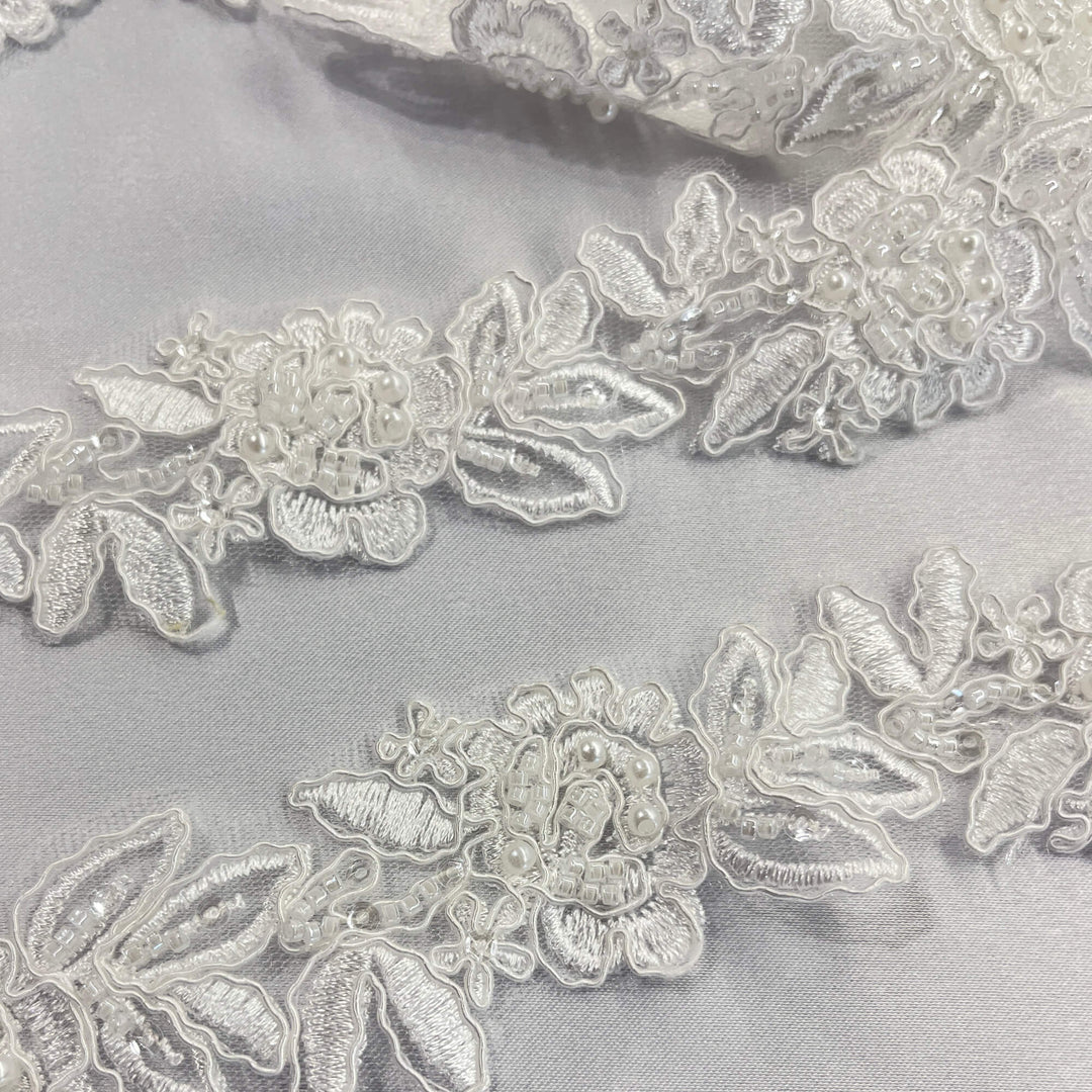 Beaded & Corded Lace Trimming Embroidered on 100% Polyester Organza or Net Mesh | Lace USA - 96279W-BP