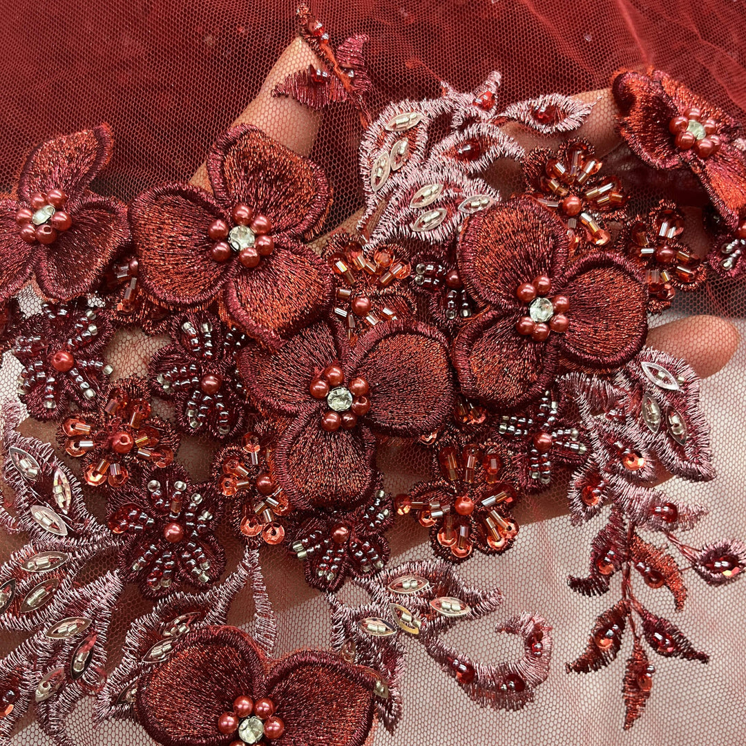 3D Beaded Floral Lace Fabric with Rhinestones | Lace USA