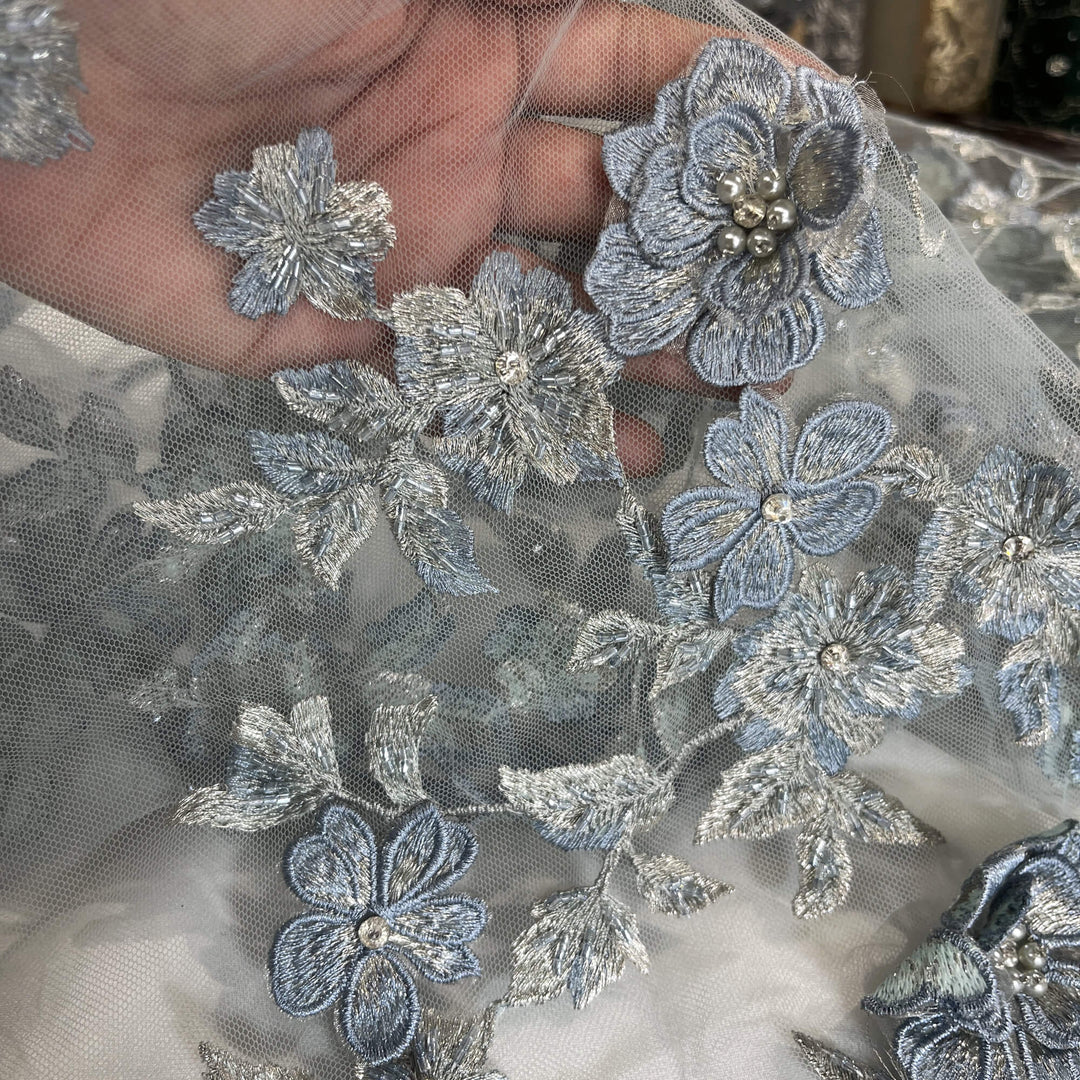 Closeup Light Blue Beaded 3D Floral Lace Embroidered on Net Mesh LaceUSA  Item GD1613