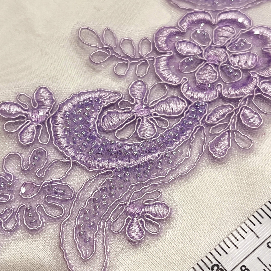 Closeup of Lilac Beaded & Corded Floral Lace Applique | Lace USA - KZ-67HB