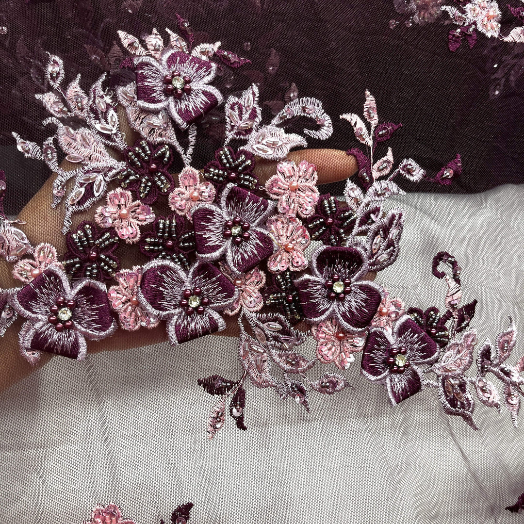 3D Beaded Floral Lace Fabric with Rhinestones | Lace USA