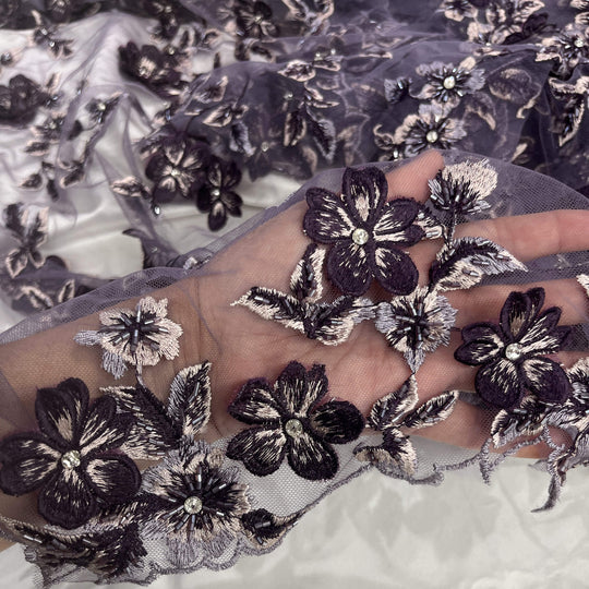 Closeup of Mauve_Beaded_3D_Floral_Lace Embroidered on Net Mesh LaceUSA Item GD1613