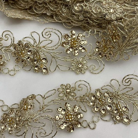 Beaded & Corded Lace Trimming Embroidered on 100% Polyester Net Mesh | Lace USA - 96283W-BP