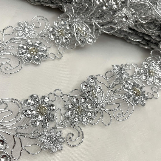 Beaded & Corded Lace Trimming Embroidered on 100% Polyester Net Mesh | Lace USA - 96283W-BP
