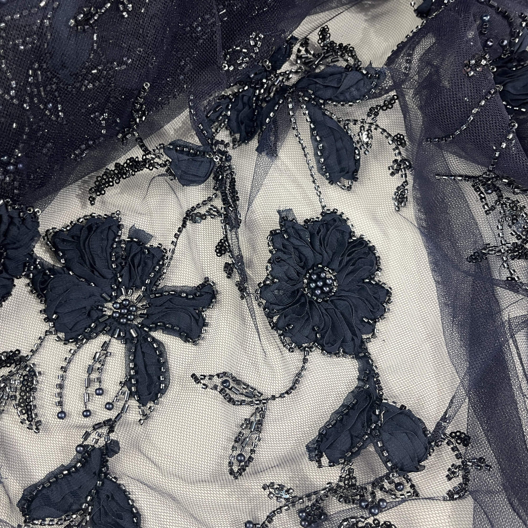 Close-up of 3D Navy floral lace with beads, pearls and sequins on embroidered on net mesh fabric - - LaceUSA GD-10143-7