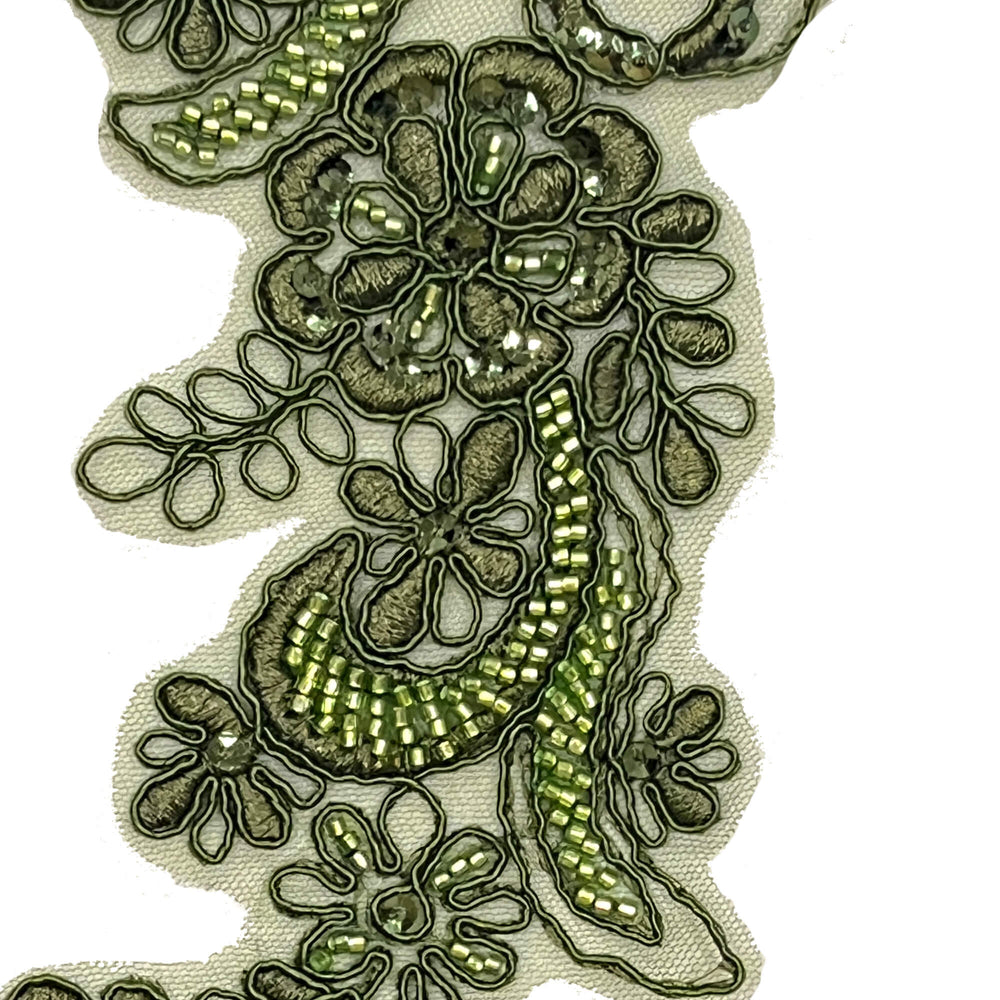 Closeup  of Olive Beaded & Corded Floral Lace Applique Embroidered on 100% Polyester Net Mesh | Lace USA - KZ-67