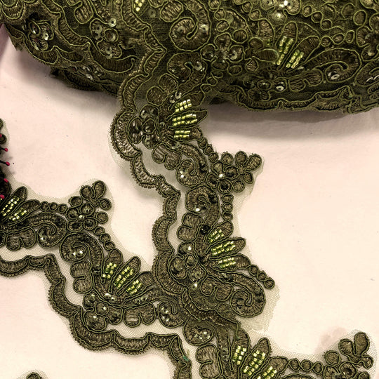 Beaded & Corded Lace Trimming Embroidered on 100% Polyester Net Mesh | Lace USA - KZ-34W-HB