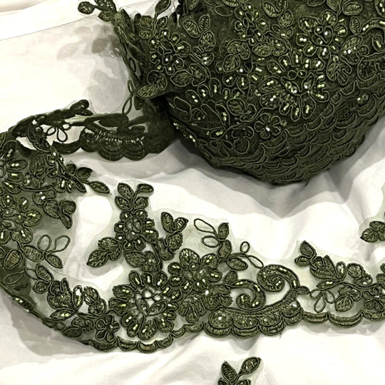 Beaded & Corded Lace Trimming Embroidered on 100% Polyester Net Mesh | Lace USA - 96796W-HB