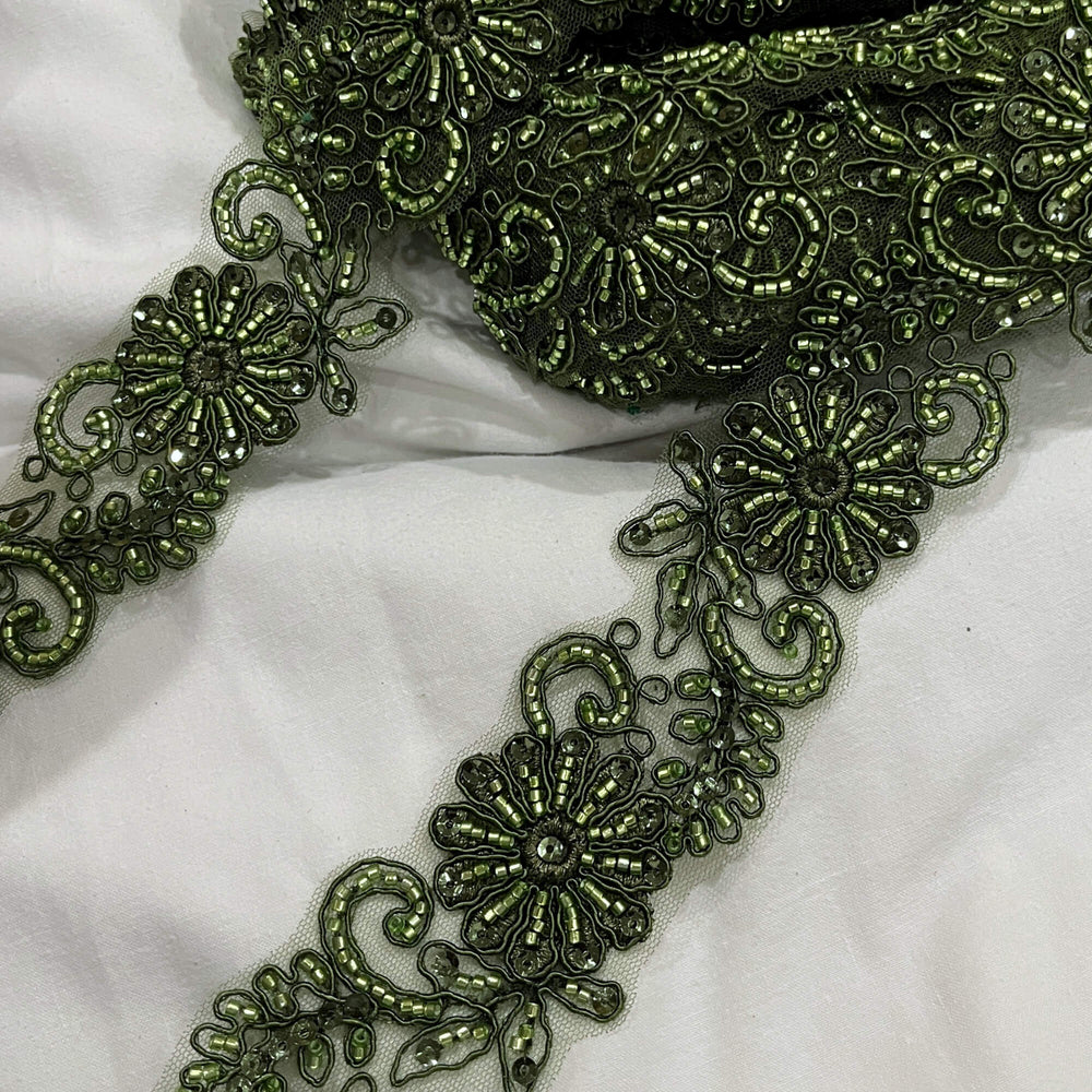 Closeup  of Olive color  Floral Beaded and Corded Lace Trim | Lace USA #96275WHB OLIVE