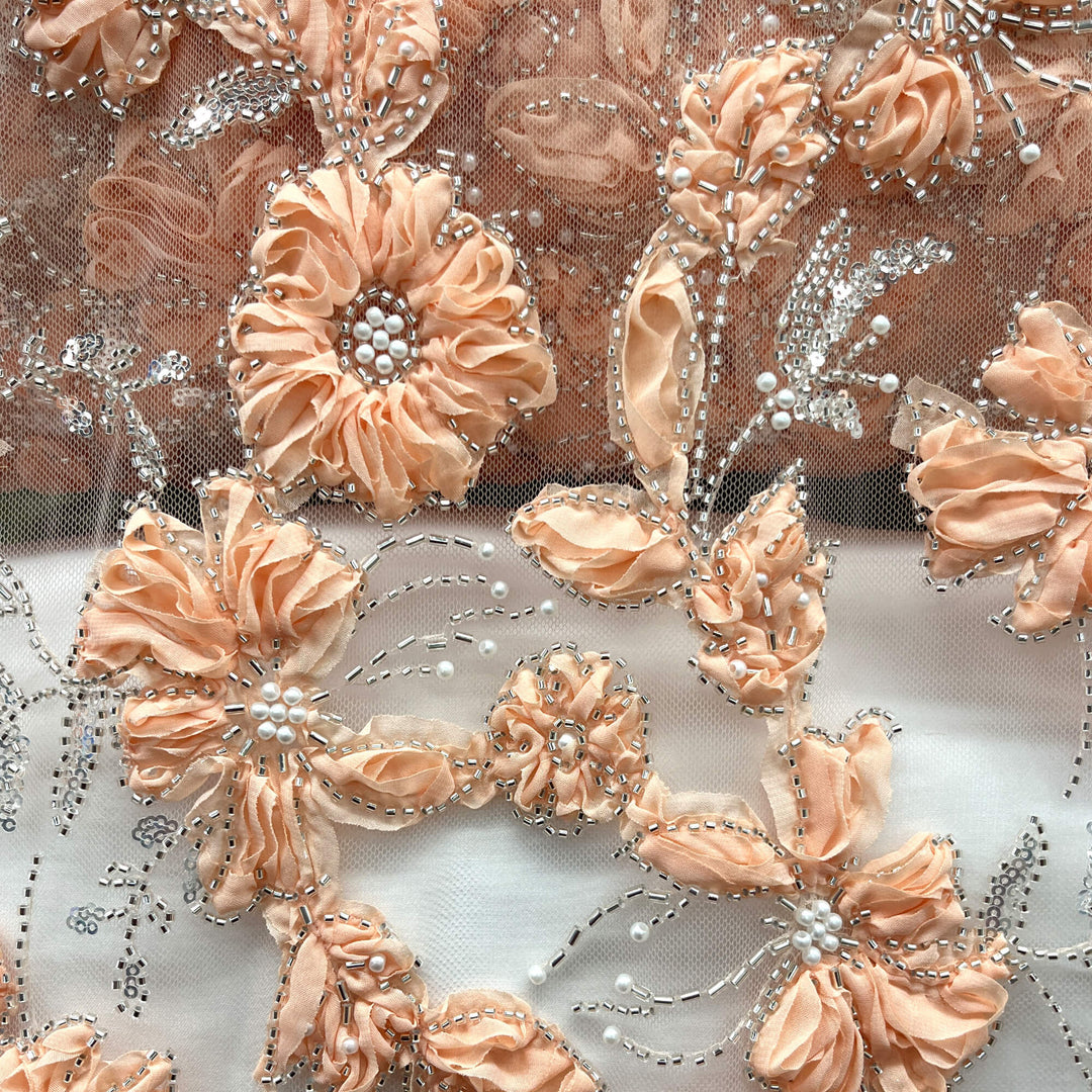 Close-up of Peach  3D flower lace with beads, pearls and sequins on embroidered mesh fabric - LaceUSA GD-10143-8