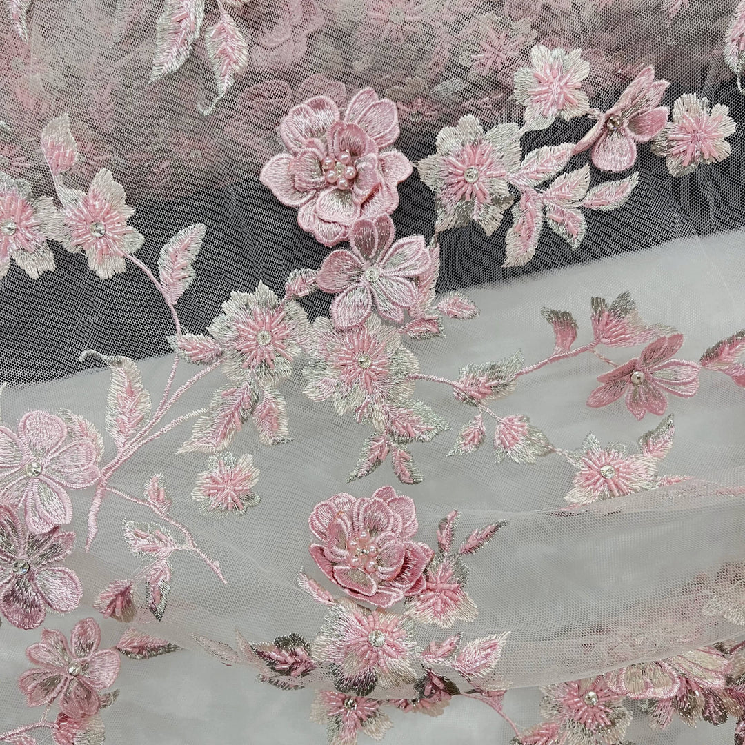 Closeup  of Pink  Beaded 3D Floral Lace-Fabric Embroidered on net mesh by LaceUSA  item GD1613 