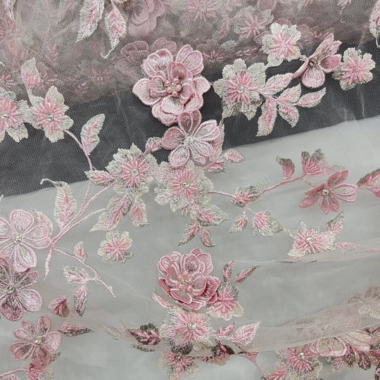 Closeup  of Pink  Beaded 3D Floral Lace-Fabric Embroidered on net mesh by LaceUSA  item GD1613 