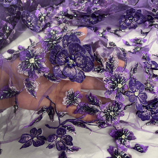 Closeup 
 of Purple Beaded 3D Floral Lace  embroidered on Net Mesh- LaceUSA GD1613