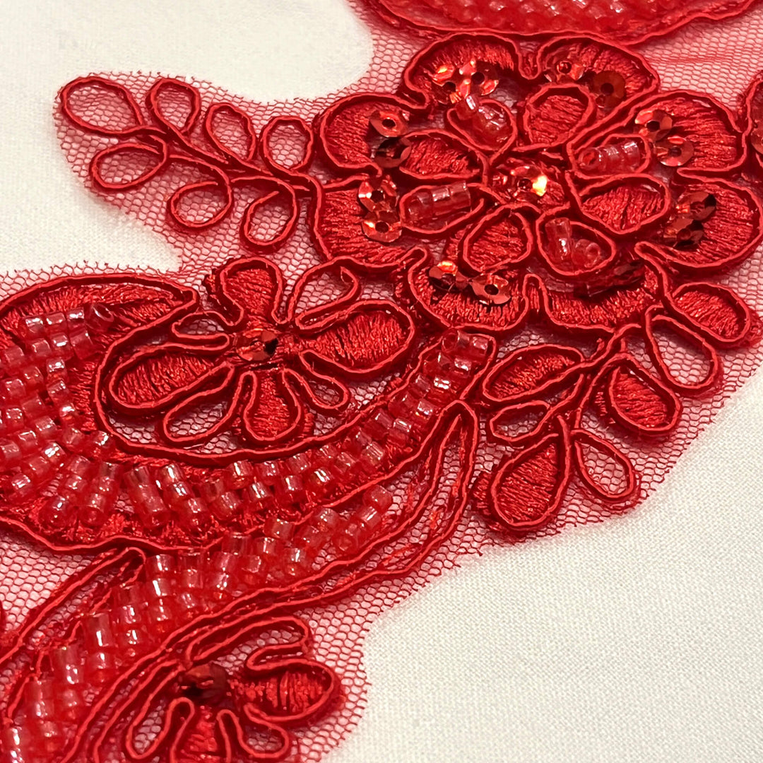 Aplique de encaje floral con cordón y cuentas bordado en organza 100 % poliéster | Encaje EE. UU.