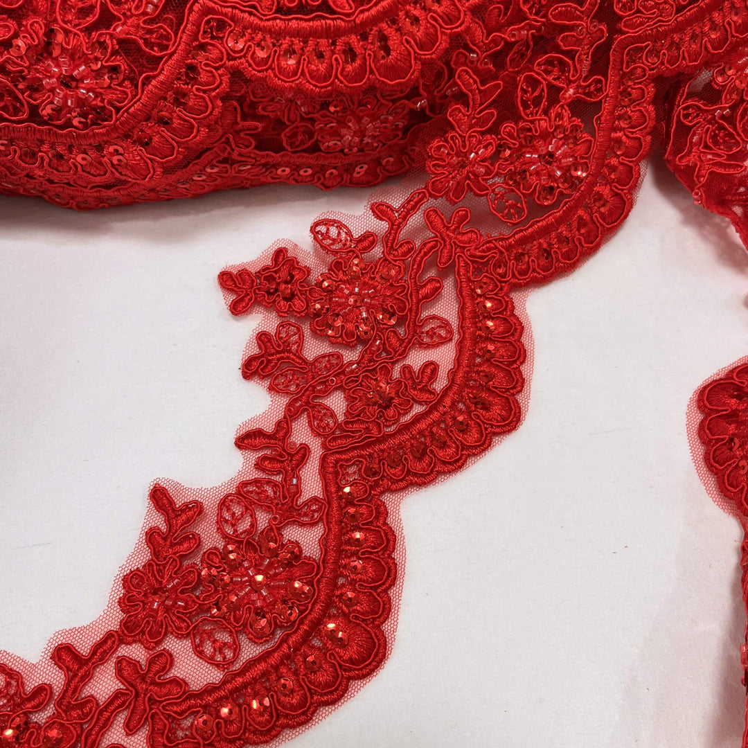 Adorno de encaje floral con cordón y cuentas bordado en malla de red 100 % poliéster | Encaje EE. UU.