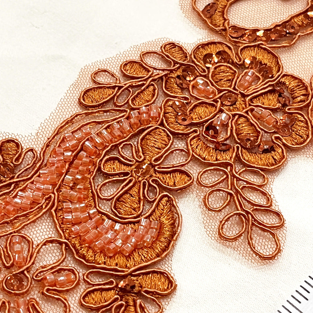 Closeup of Rust Color Beaded & Corded Floral Lace Applique Embroidered on 100% Polyester Net Mesh | Lace USA - KZ-67HB
