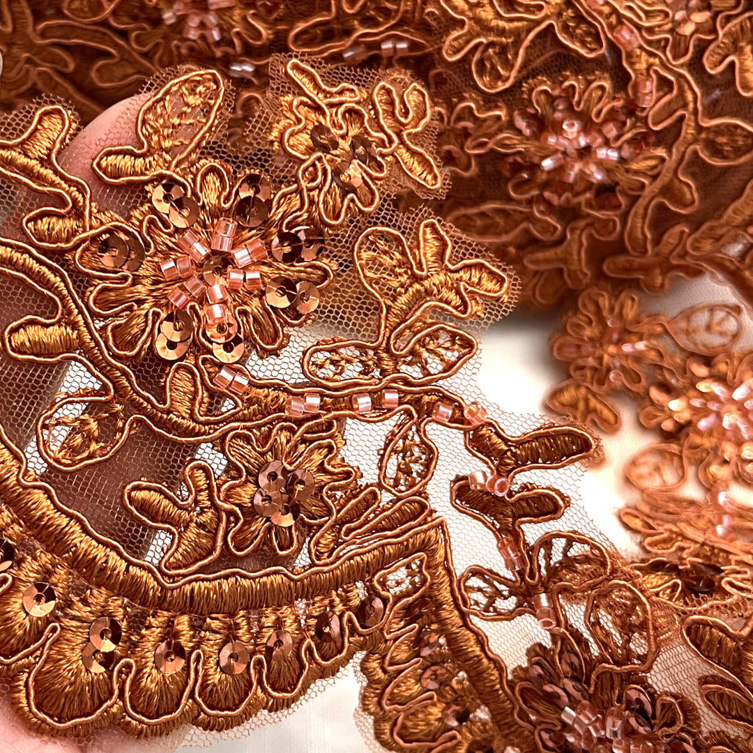 Closeup of Rust Brown beaded corded floral scalloped lace Trim  embroidered on net mesh- LaceUSA 96215WHB 