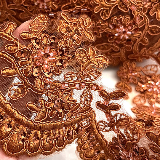 Closeup of Rust Brown beaded corded floral scalloped lace Trim  embroidered on net mesh- LaceUSA 96215WHB 