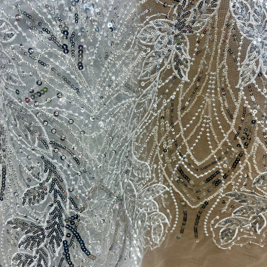 Silver closup of sequined lace with embroidered vines and leaves – perfect for quince dresses and couture fashion. | Lace USA - GD-2918